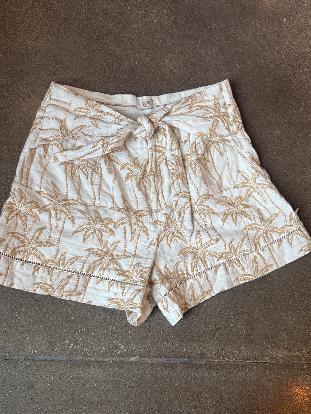 Scotch & Soda White Shorts with Tan Palm Embroidery